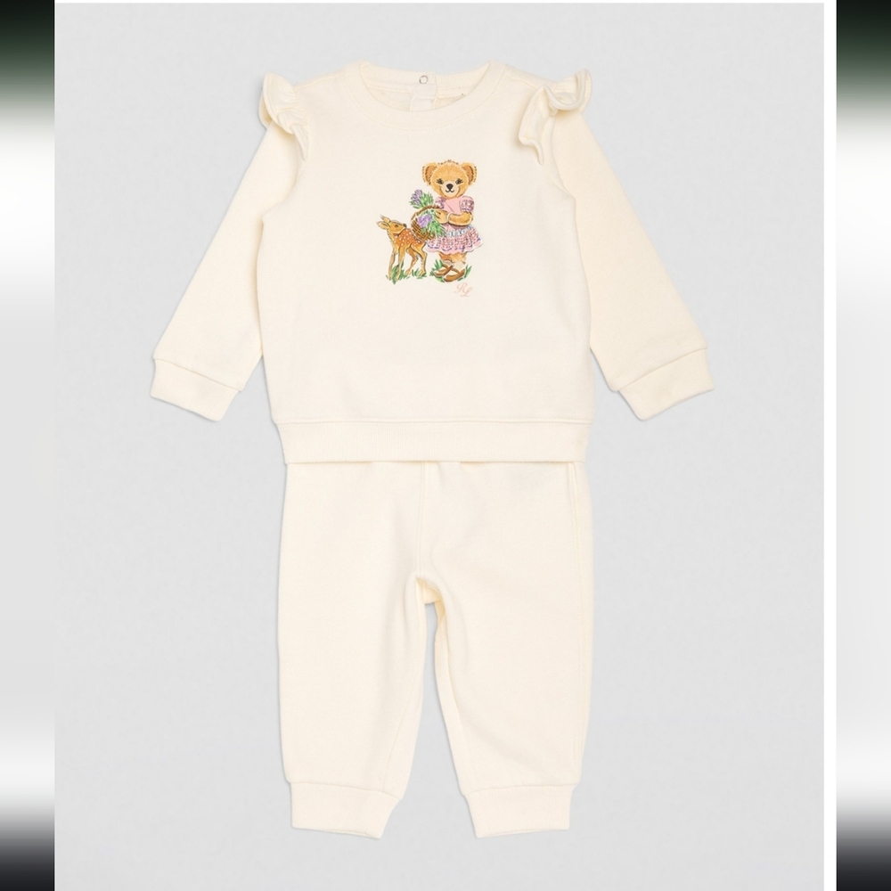 Polo Ralph Lauren Baby Girl's sz 9 M   Ivory Sweatshirt Jogger Bear Ruffle-Trim
